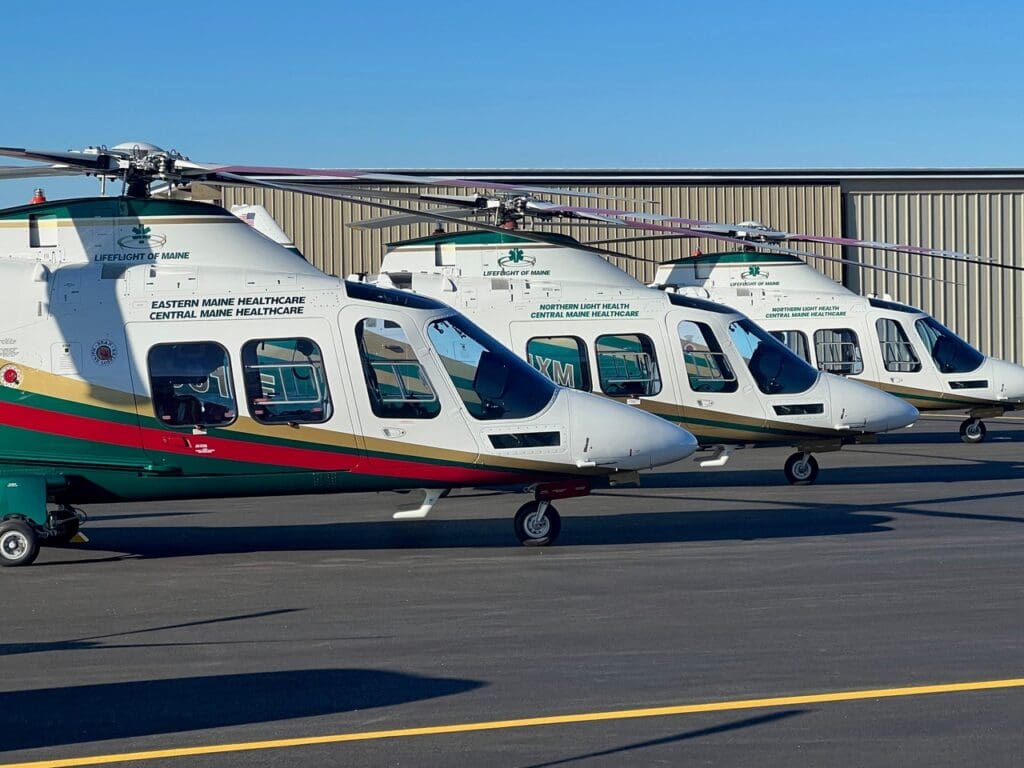 LifeFlight of Maine’s 3 new aircraft, Lima Foxtrot (N901LF) purchased in 2020, Xray Mike (N901XM) purchased in 2021, and Whiskey Mike (N901WM), purchased earlier this fall, convened outside our hangar in Auburn this morning to celebrate the end of a $20 million, 5 year campaign to Complete The Fleet.