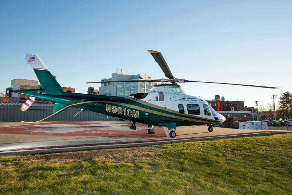 A LifeFlight helicopter stands ready on the helipad at Central Maine Medical Center in Lewiston.