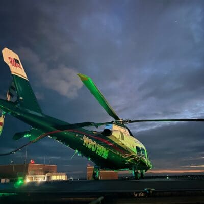 Photo of helicopter on Maine Medical Center rooftoop by rotor wing captain TJ Wesoloski.