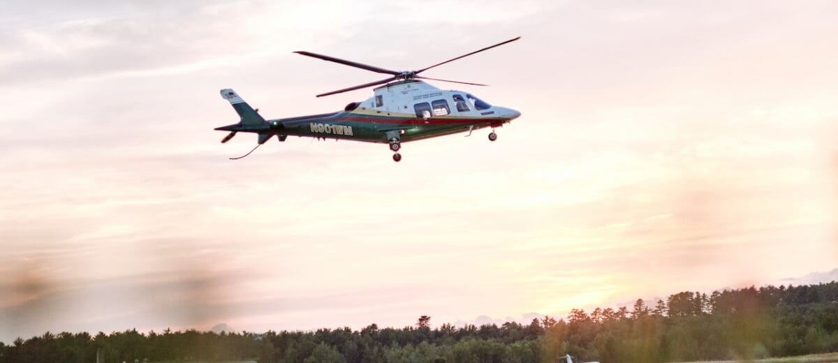A LifeFlight of Maine helicopter above the runway.