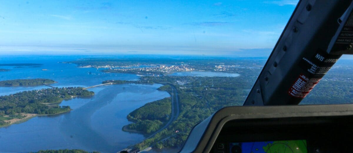 The view from the cockpit of a LifeFlight helicopter as it approaches Portland.