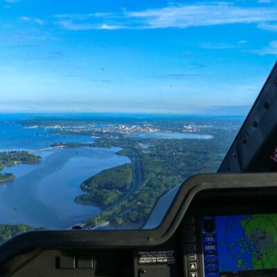 The view from the cockpit of a LifeFlight helicopter as it approaches Portland.