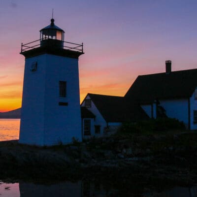 A photo of Grindle Point Light Station, Islesboro at sunset.