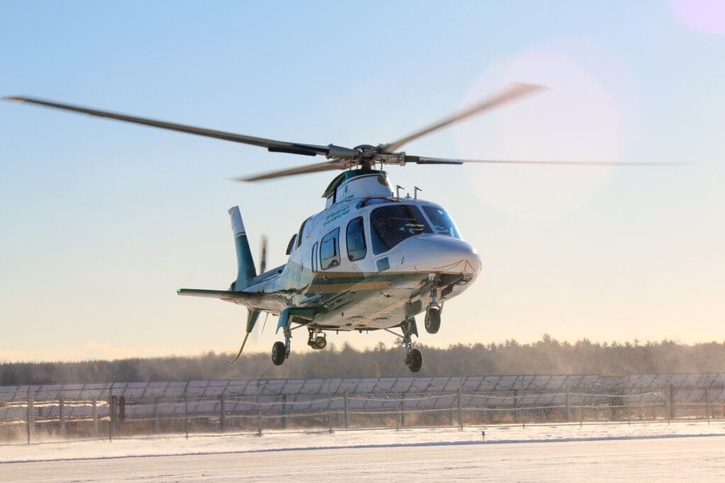 A LifeFlight helicopter taking off from its base in Sanford.